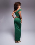 exclusive slinky bandeau asymmetric cut out detail maxi dress in emerald green