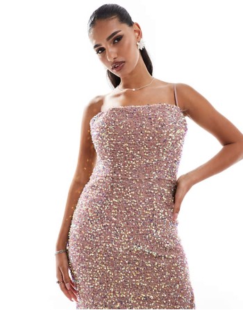 sequin slit maxi dress in rose gold
