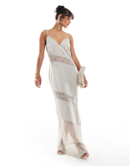 asymmetric lace satin maxi dress in stone