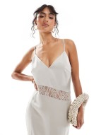 asymmetric lace satin maxi dress in stone