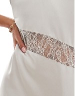 asymmetric lace satin maxi dress in stone