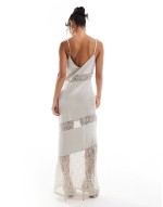 asymmetric lace satin maxi dress in stone