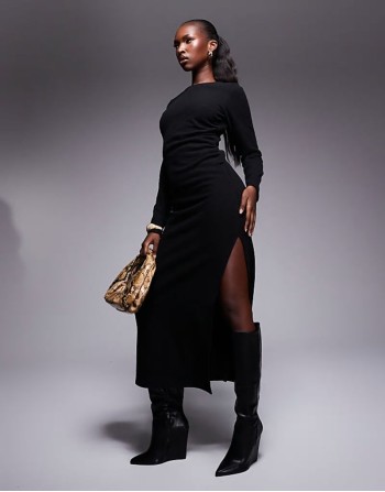 supersoft long sve ruched side maxi dress in black