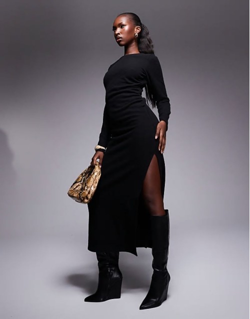 supersoft long sve ruched side maxi dress in black