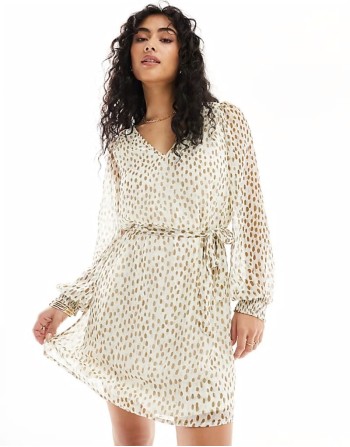 tie waist v neck mini dress with sheer sves in cream spot