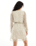 tie waist v neck mini dress with sheer sves in cream spot