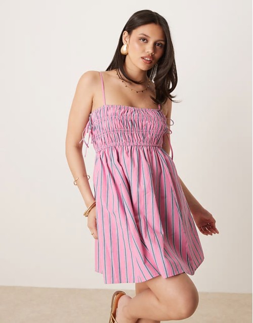 babydoll smocked poplin maxi dress in pink and blue stripes