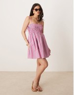 babydoll smocked poplin maxi dress in pink and blue stripes