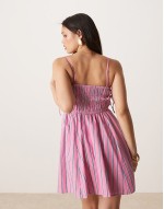 babydoll smocked poplin maxi dress in pink and blue stripes