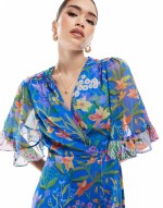 Premium frill sve maxi wrap dress with tie waist in blue print