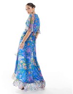 Premium frill sve maxi wrap dress with tie waist in blue print