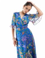 Premium frill sve maxi wrap dress with tie waist in blue print