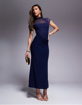 maxi dress with cowl skirt detail and layered bodice in navy