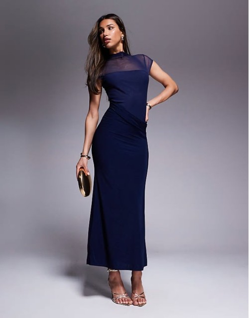 maxi dress with cowl skirt detail and layered bodice in navy
