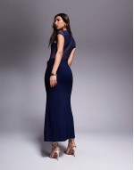 maxi dress with cowl skirt detail and layered bodice in navy