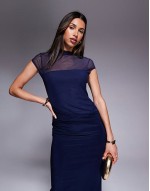 maxi dress with cowl skirt detail and layered bodice in navy
