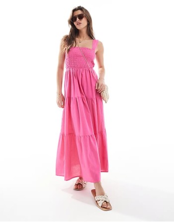 Exclusive shirred waist maxi beach dress in pink