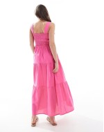 Exclusive shirred waist maxi beach dress in pink