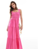 Exclusive shirred waist maxi beach dress in pink