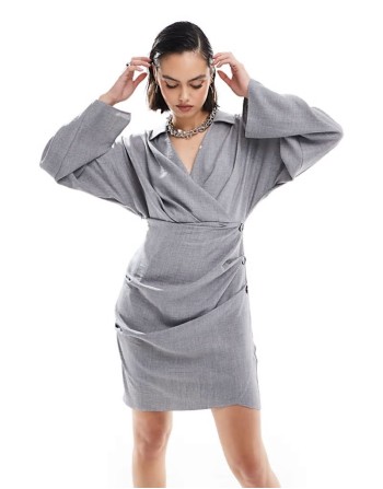linen look collar wrap long sve mini dress with button detail skirt in grey