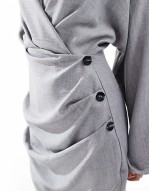 linen look collar wrap long sve mini dress with button detail skirt in grey