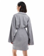 linen look collar wrap long sve mini dress with button detail skirt in grey