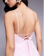 devore cami lace up back detail maxi dress in pink floral