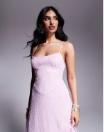 devore cami lace up back detail maxi dress in pink floral