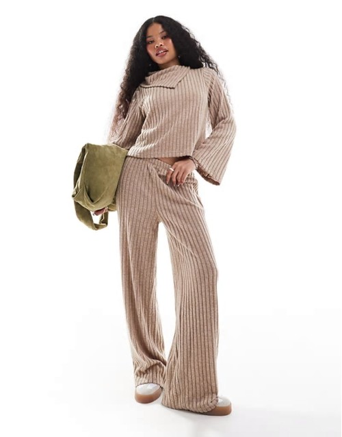 Premium ribbed jersey top and trouser co-ord in beige