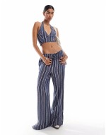 Lightweight halterneck stripe waistcoat and tie waist straight leg trousers set in purple