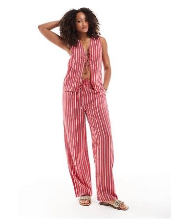linen look tie front waistcoat and trouser co-ord in red stripe