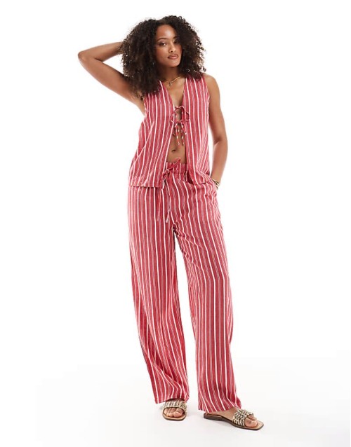 linen look tie front waistcoat and trouser co-ord in red stripe