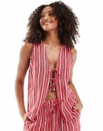 linen look tie front waistcoat and trouser co-ord in red stripe