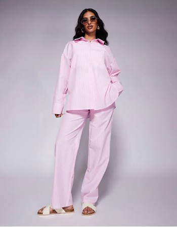 exclusive oversized poplin shirt and trousers co-ord in pink stripe