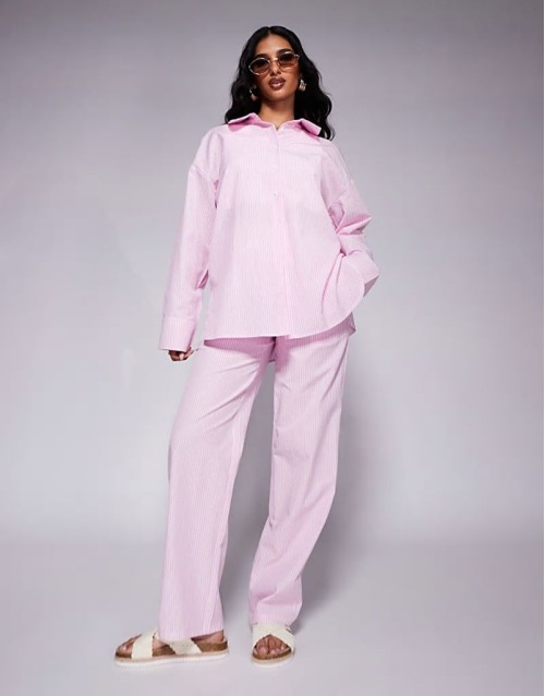 exclusive oversized poplin shirt and trousers co-ord in pink stripe