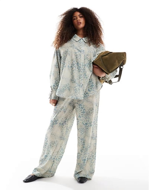 exclusive oversized satin tie sve shirt and wide leg trousers co-ord in animal print